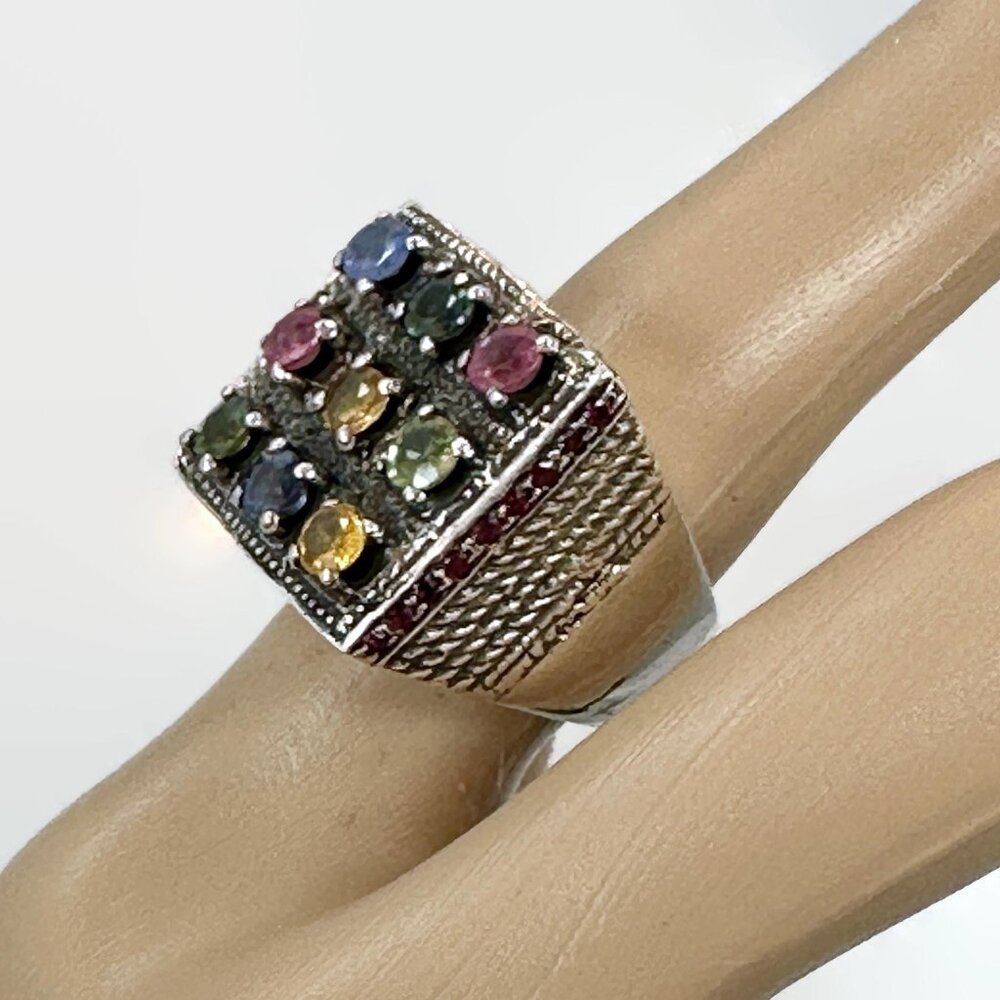 Gemstone Ring, Navratna, Sterling Silver,India, Size 6 3/4, Stones, Vintage, NOS